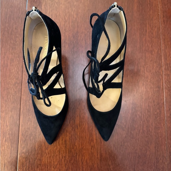 Elegant Black Suede Women's Shoes with tie-up and zipper back - Picture 2 of 8